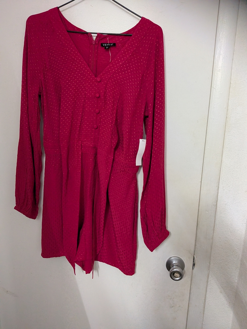 VENUS Magenta Textured V-Neck Long-Sleeve Romper